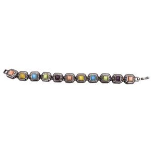 Multicolor Stone Tennis Chain Bracelet Engraved Silver Tone Fold Over Closure